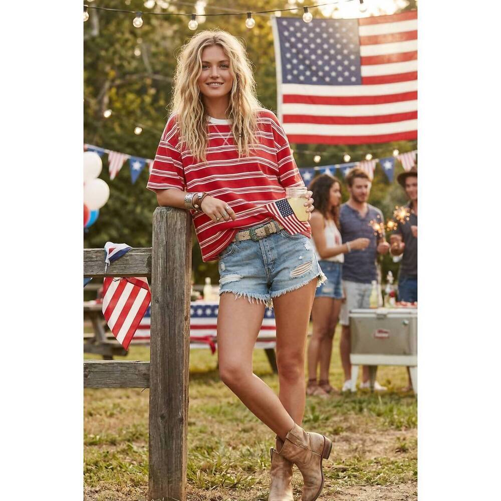 NEW SEWN AND SEEN americana striped oversized tee in red
